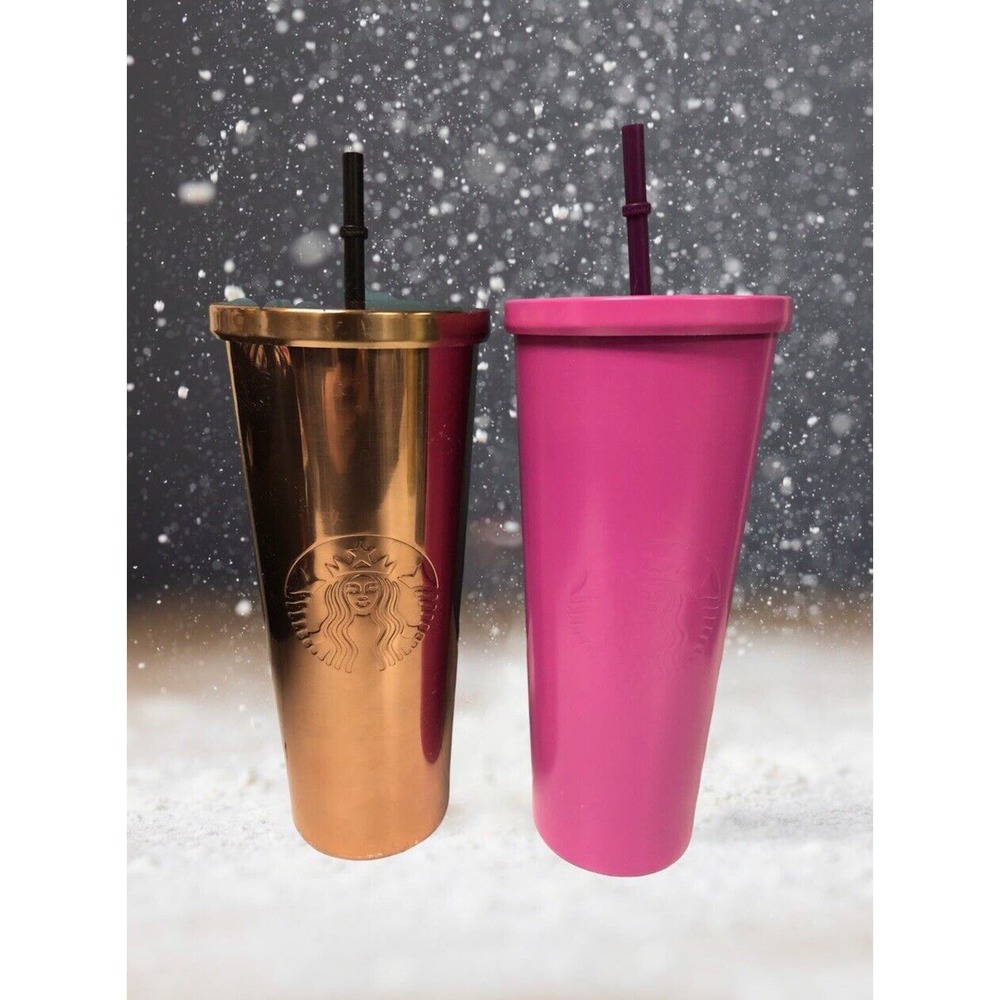 Starbucks Tumbler Barbie 2015 Hot Pink and Gold Stainless Steel 24 Oz Cups Straw